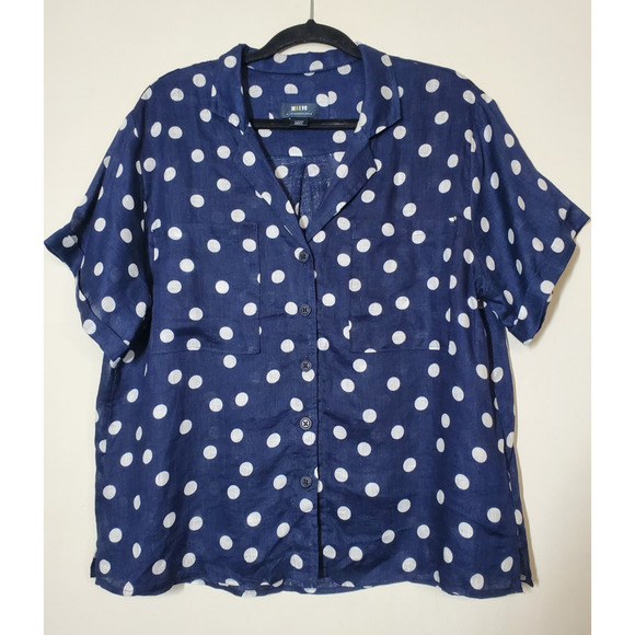 Anthropologie Maeve Top Womens Large Linen Boxy Polka-dot Button Down Blue - Picture 2 of 12